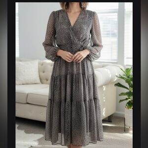 Vici Gray and White Pleated Wrap Dress with Bishop Sleeves